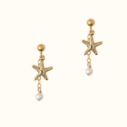 Starfish Drop Earrings - Gold and Pearl