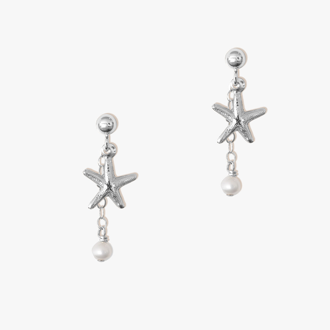 Starfish Drop Earrings - Silver and Pearl