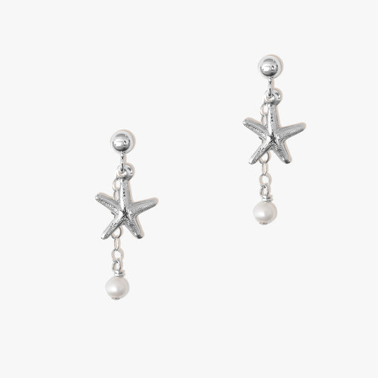 Starfish Drop Earrings - Silver and Pearl