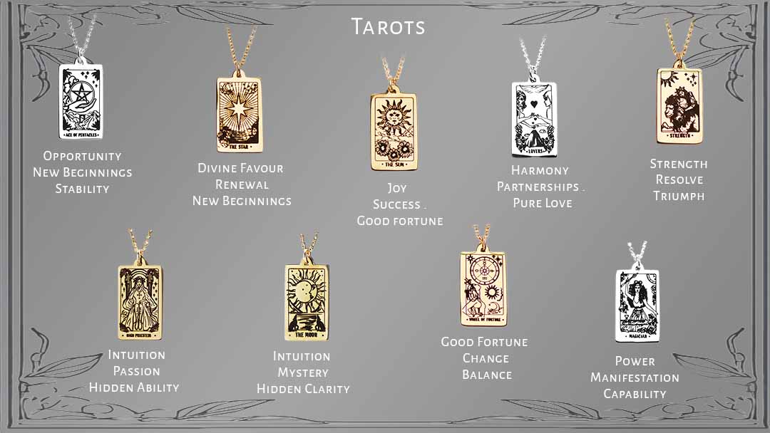A product display sheet showing ten different gold and silver tarot card pendant necklaces arranged in two rows on a textured gray background with decorative borders. Each pendant features a different tarot card design with its corresponding name written underneath.