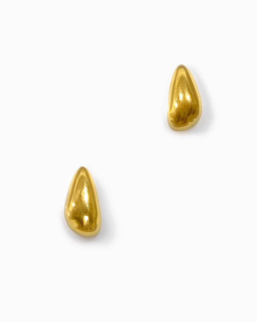 Teardrop Stud Earrings - Gold. A pair of small teardrop-shaped gold earrings with a glossy, metallic finish, displayed on a clean white background.