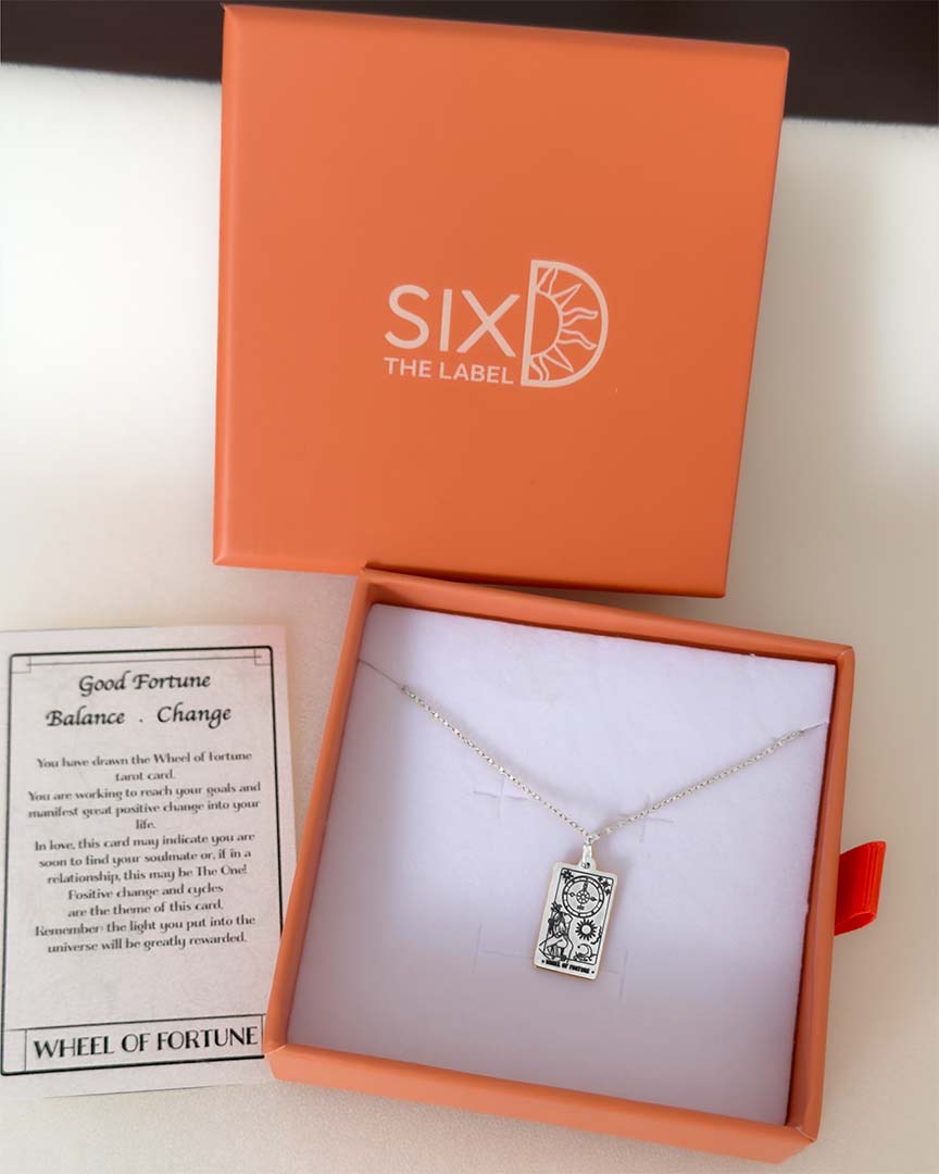 Wheel of Fortune TArot Necklace in Silver with sixD Gift Box and meaning card