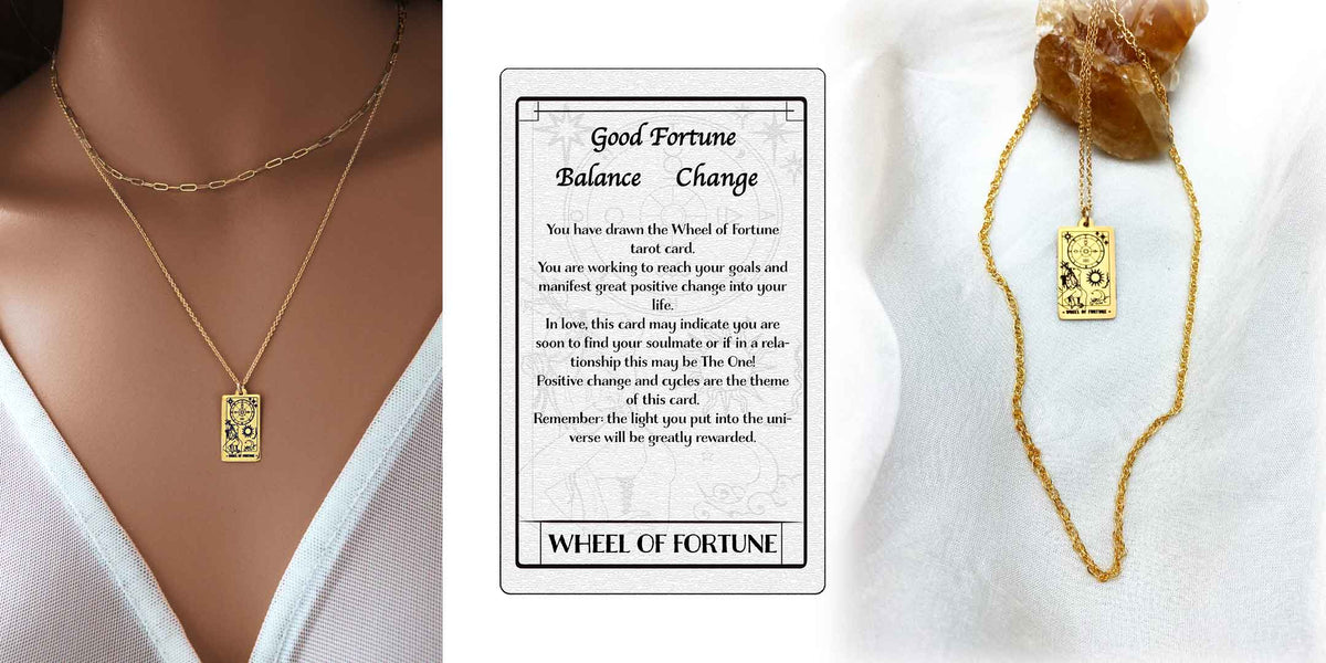 Wheel of Fortune Tarot necklace and meaning card