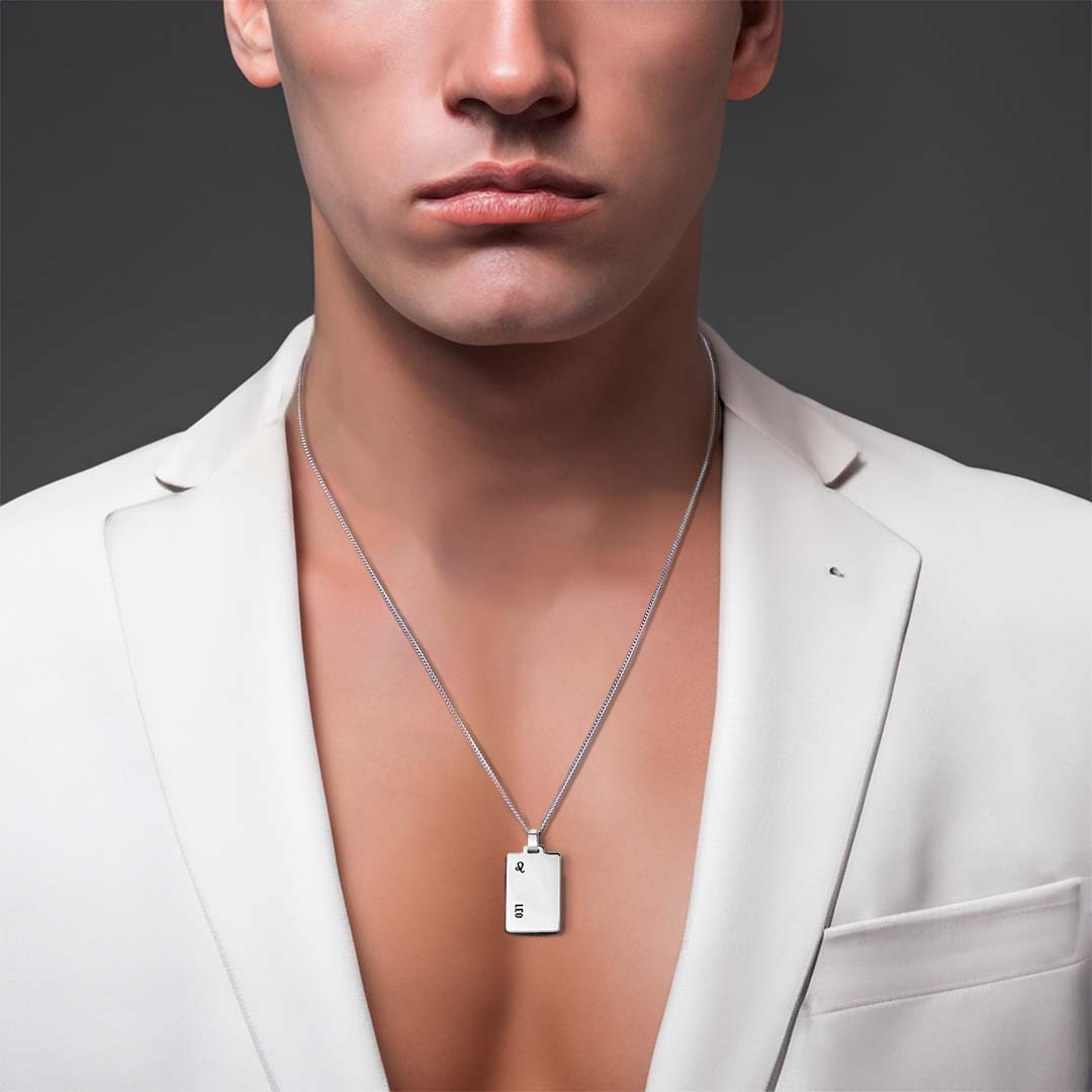 male model wearing leo star sign necklace silver