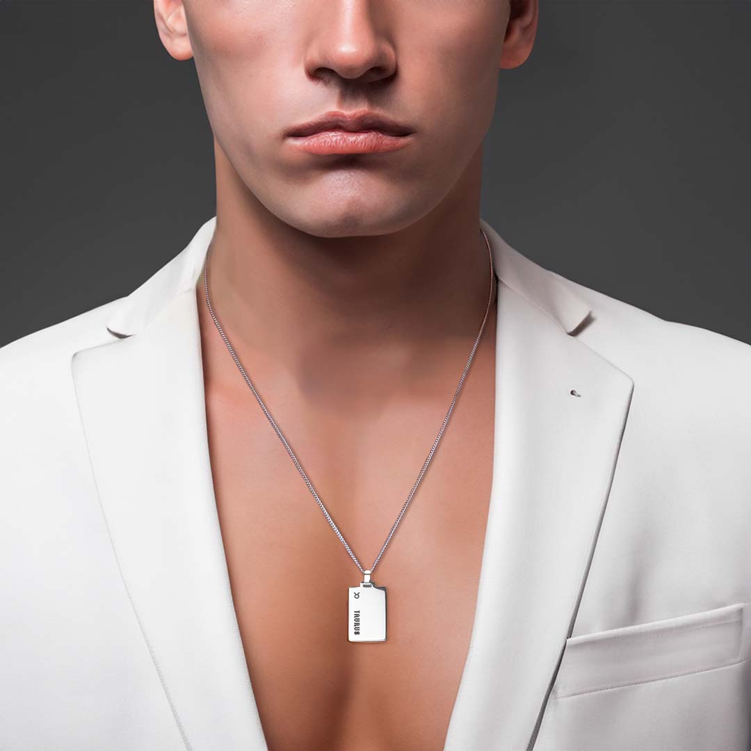male model wearing taurus star sign necklace silver