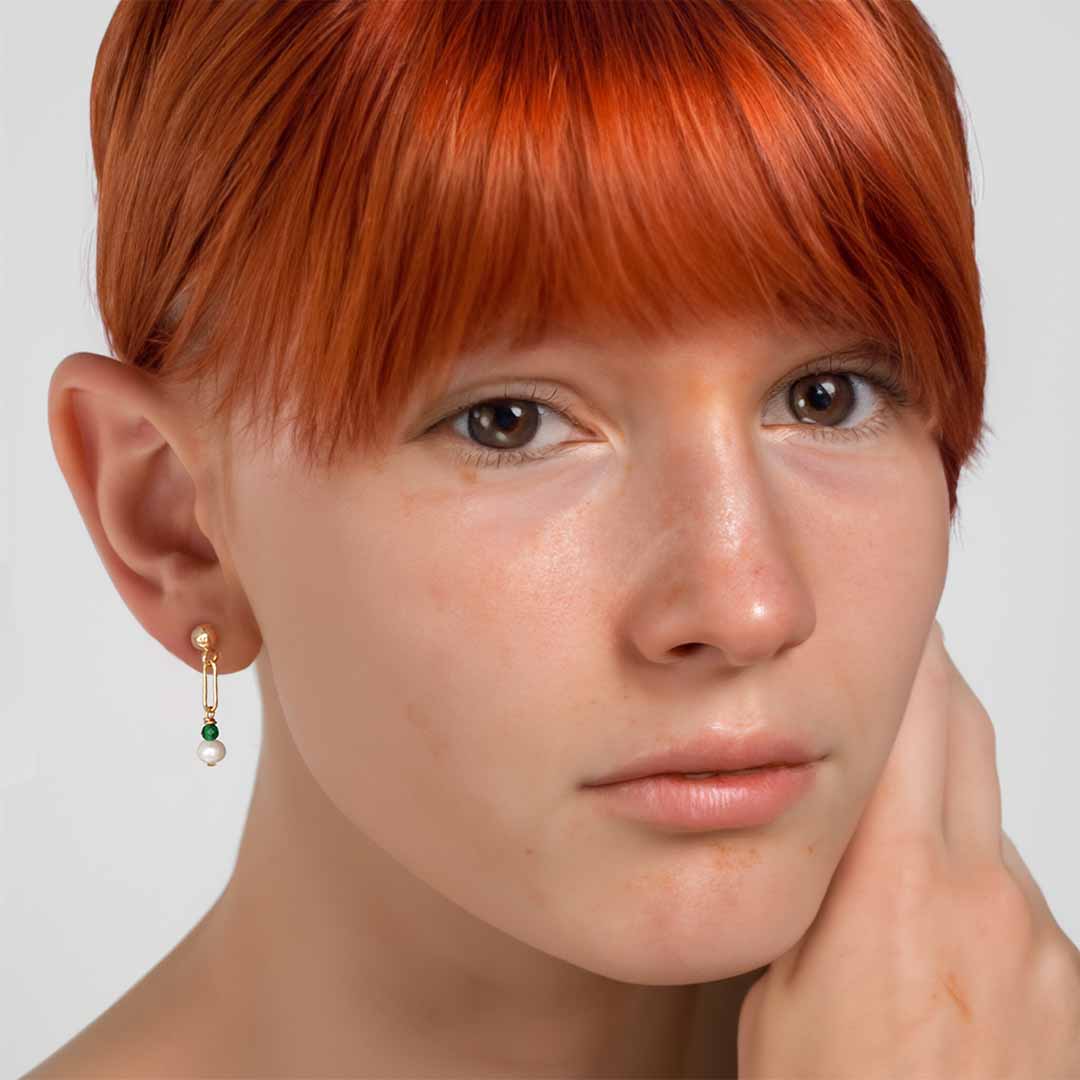 Model wearing Harlow Mini Earrings - Gold Pearl Emerald