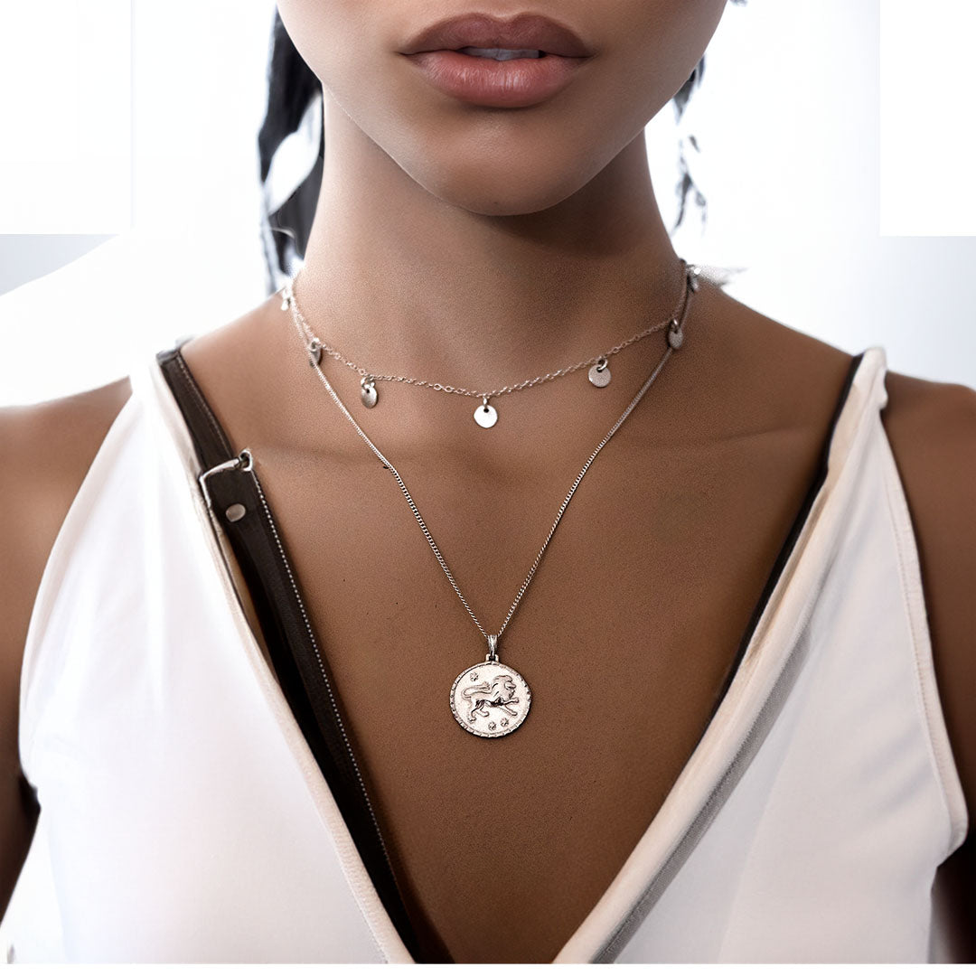 model wearing leo ce piper necklaces silver