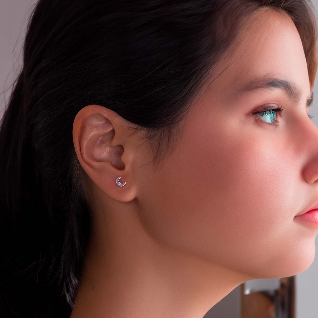 model wearing New Moon Stud Earrings - Silver