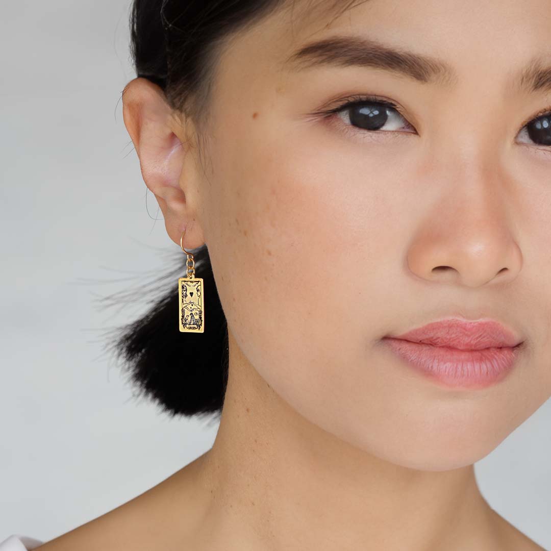model wearing Lovers Tarot Earrings - Gold