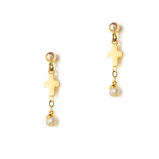 Angelic Cross Earrings - Gold and Pearl