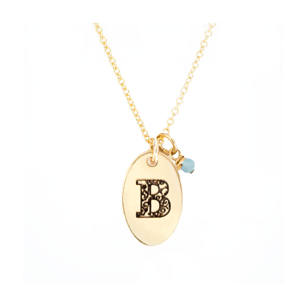 B - Birthstone Love Letters Necklace Gold-and-Aquamarine