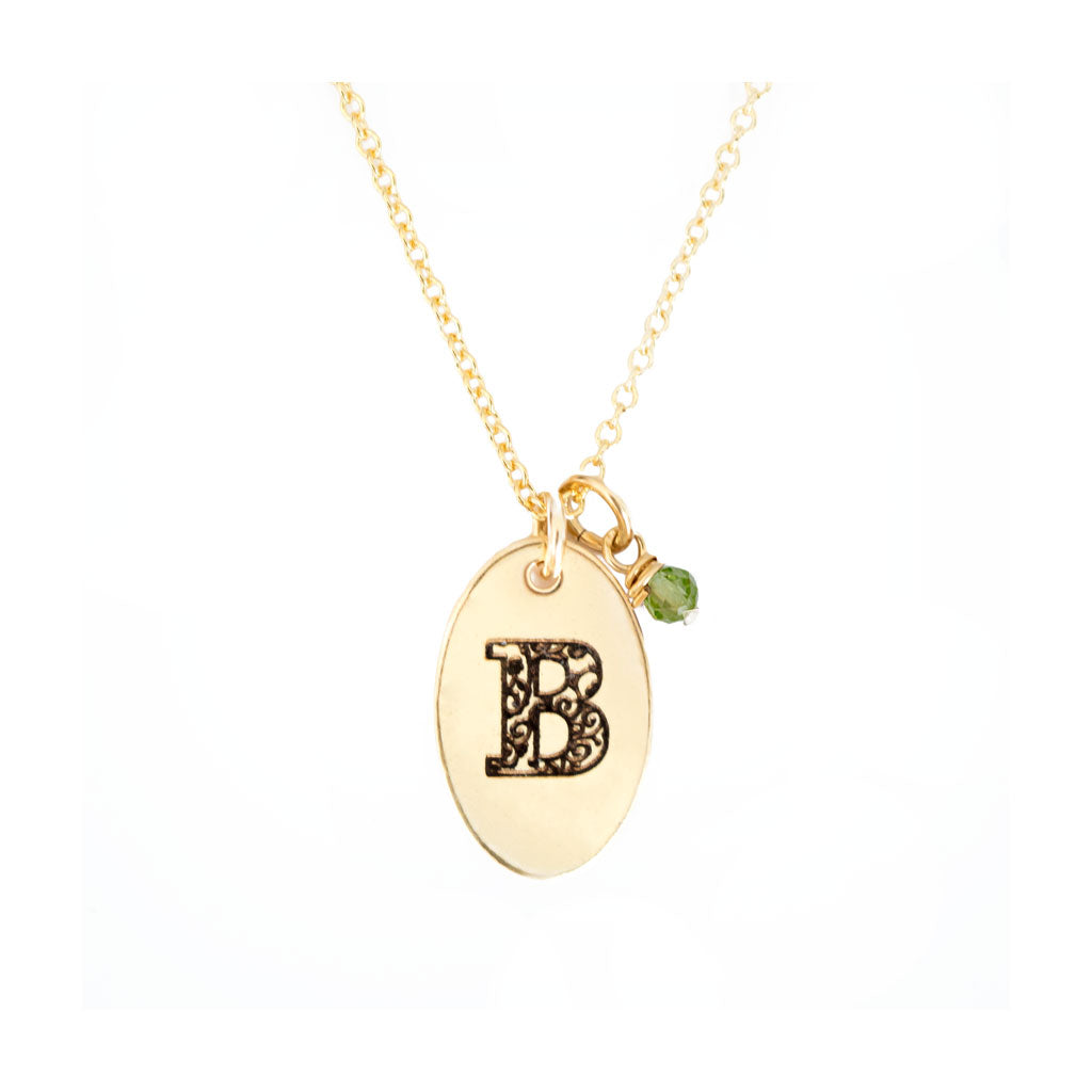 B - Birthstone Love Letters Necklace Gold-and-Peridot