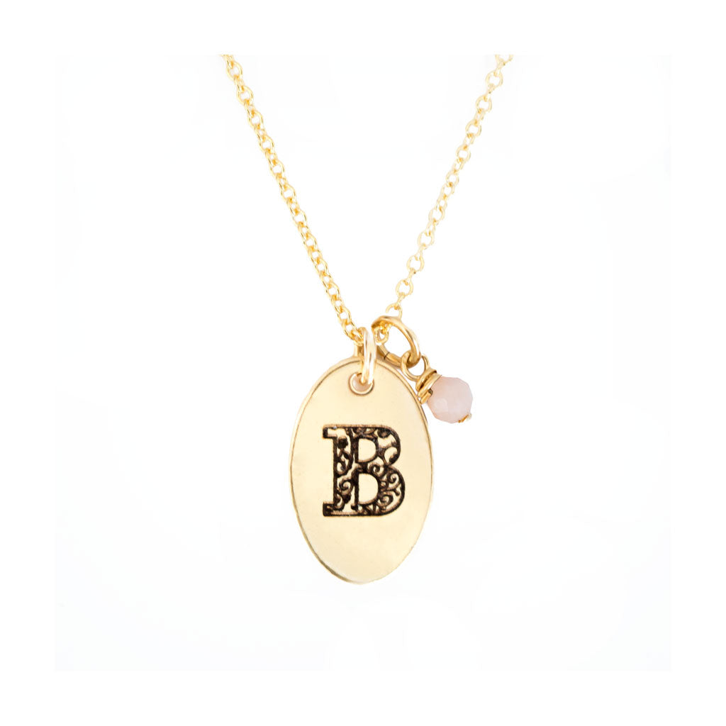 B - Birthstone Love Letters Necklace Gold-and-Pink-Opal