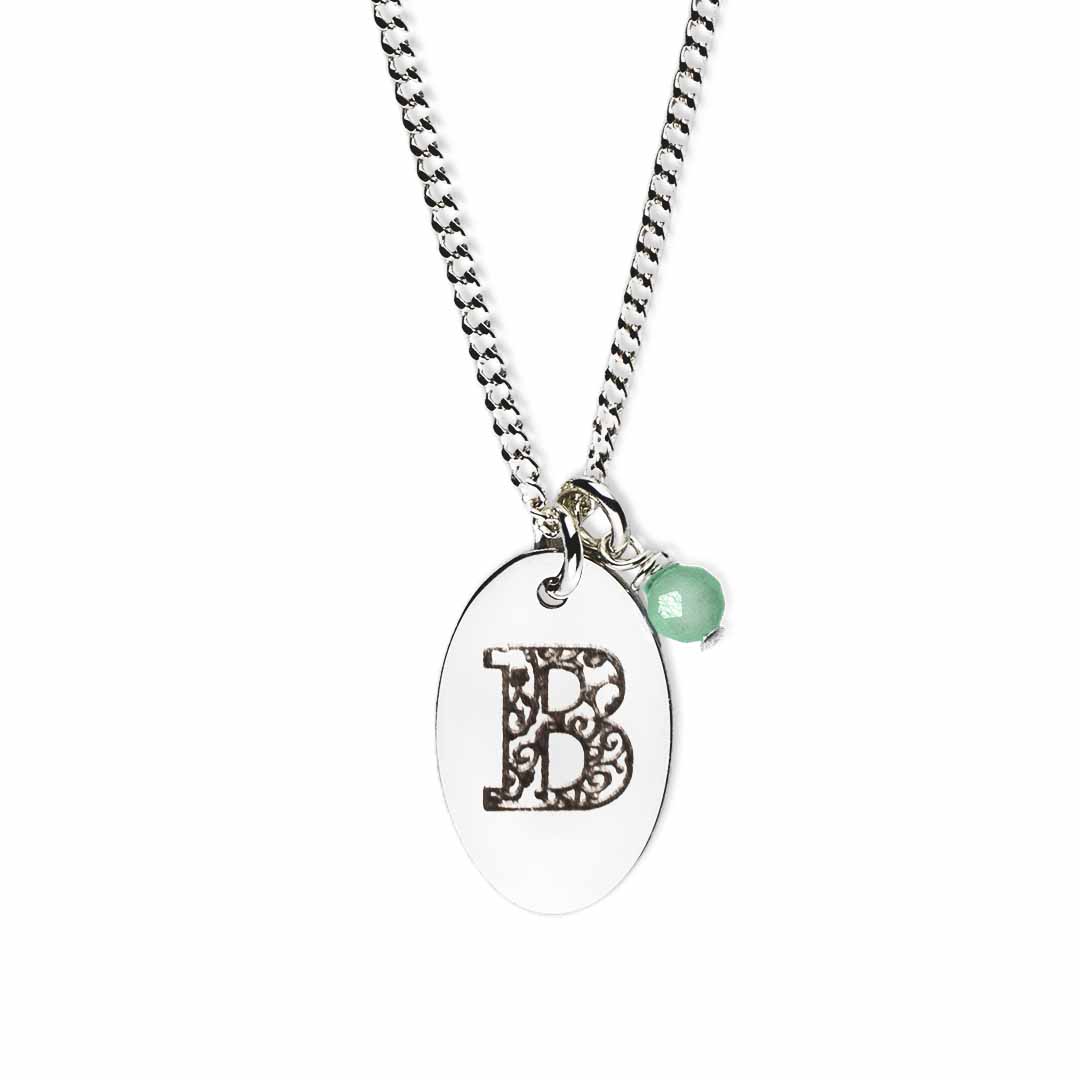 Initial-necklace-B-silver emerald