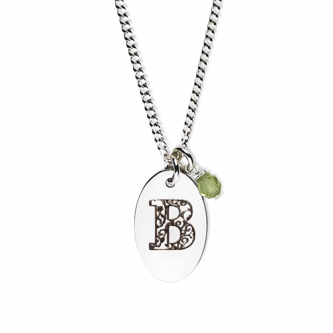 Initial-necklace-B-silver peridot