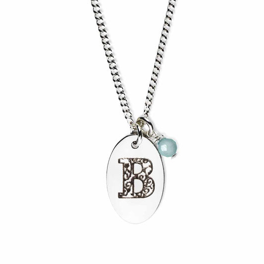 Initial-necklace-B-silver aquamarine