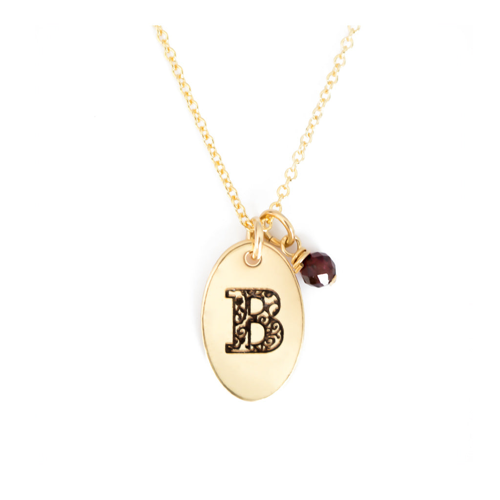 B - Birthstone Love Letters Necklace Gold and Red Garnet