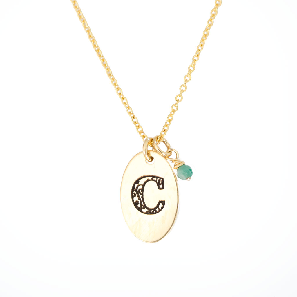 C - Birthstone Love Letters Necklace Gold-and-Emerald