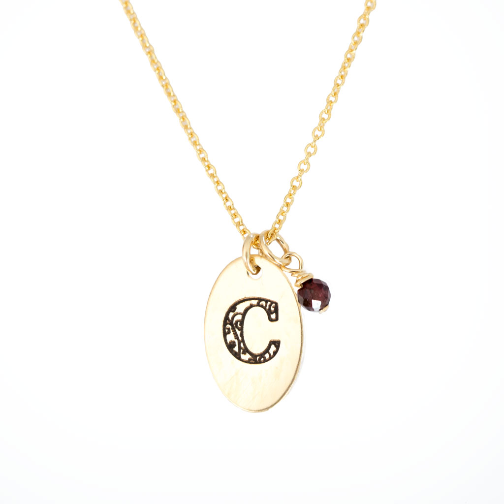 C - Birthstone Love Letters Necklace Gold and Red Garnet