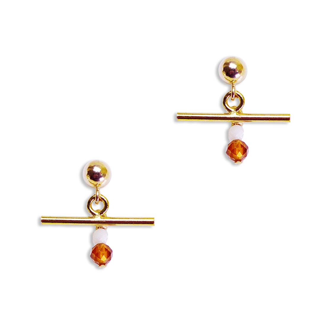 Caramel T Bar Earrings - Gold and Orange Garnet