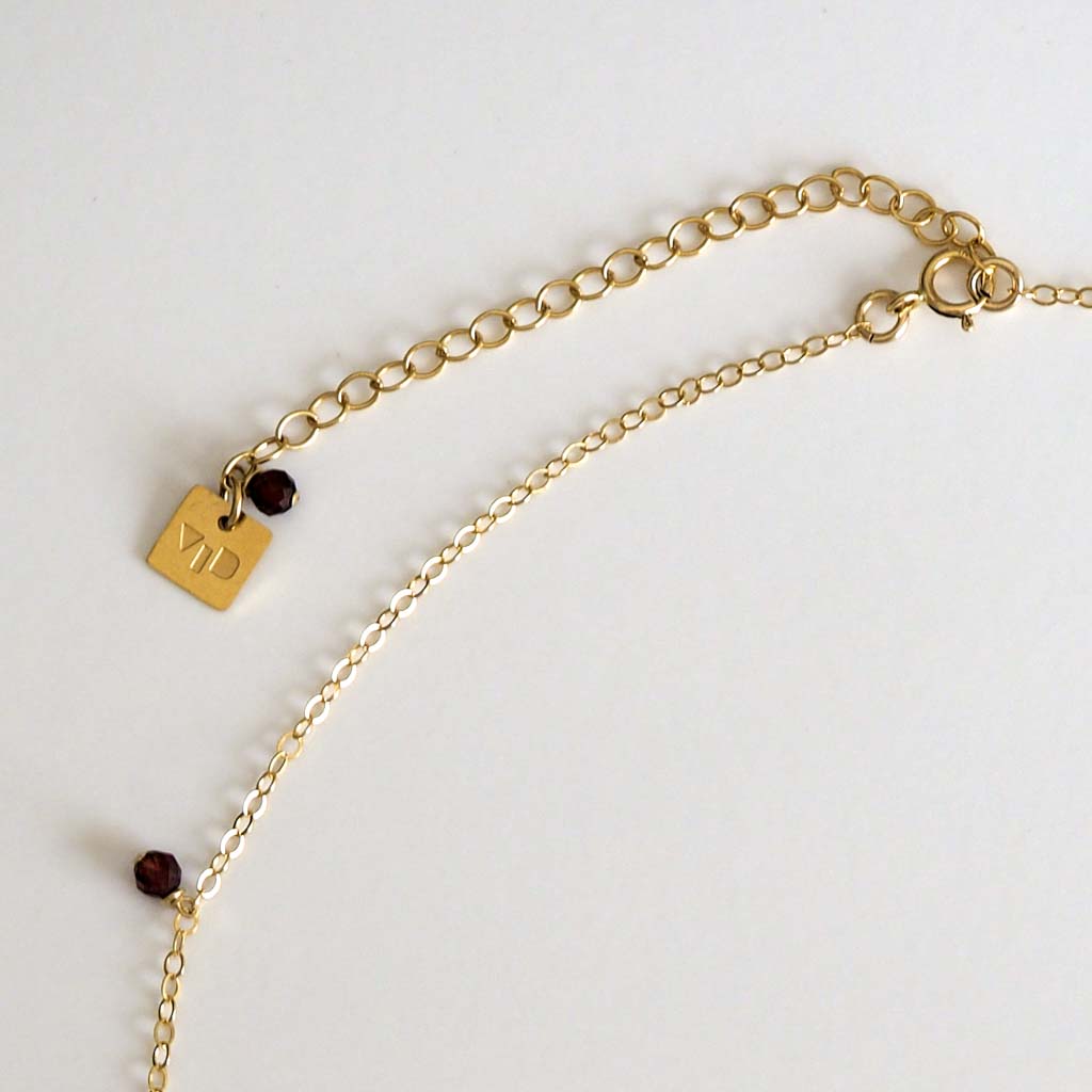 Chain extender 14K Gold filled and Red Garnet gemstone and sixD logo tag