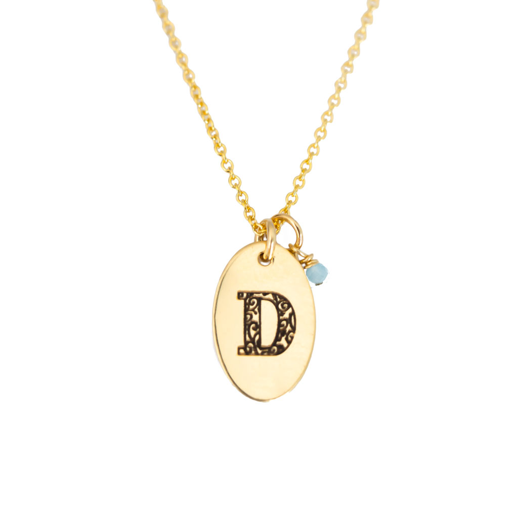 D - Birthstone Love Letters Necklace Gold and Aquamarine
