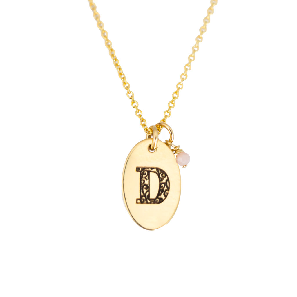 D - Birthstone Love Letters Necklace Gold and Pink Opal