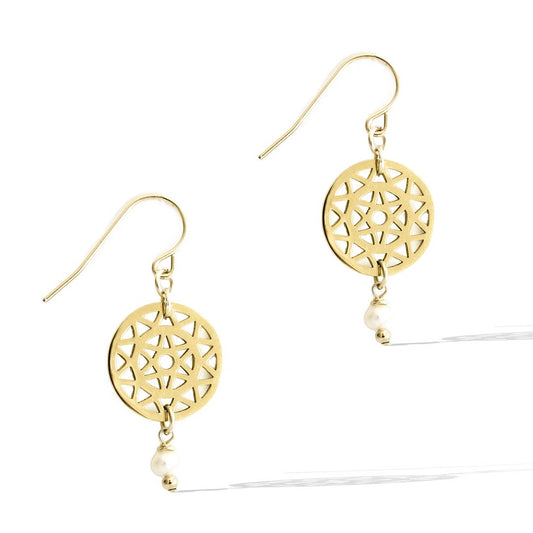 Dandelion drop Hook earrings gold and pearl