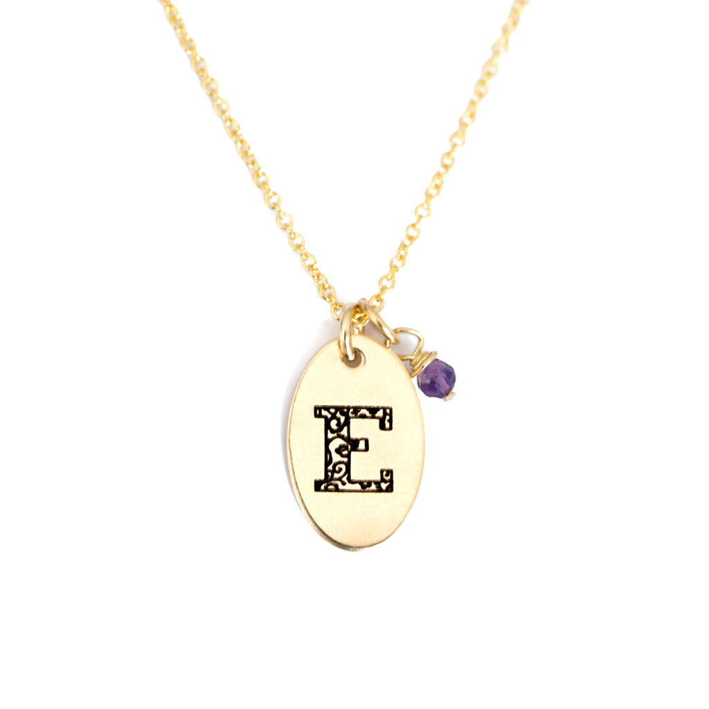 E - Birthstone Love Letters Necklace Gold and Amethyst