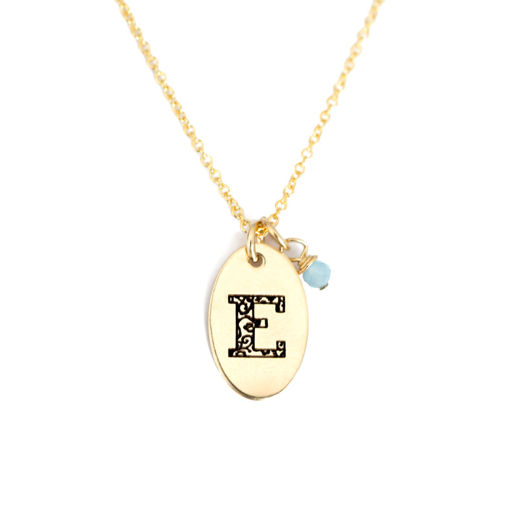 E - Birthstone Love Letters Necklace Gold and Aquamarine