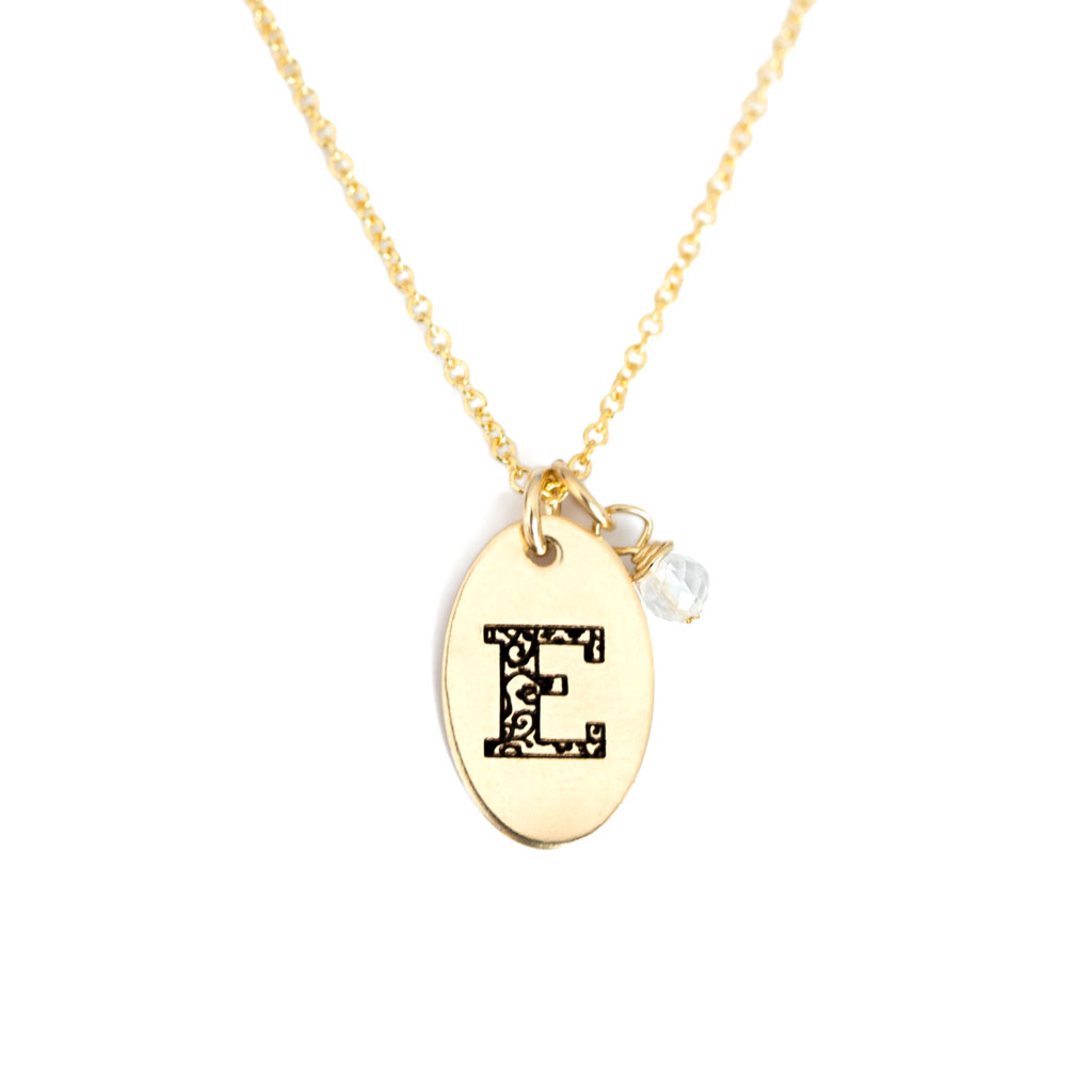 E - Birthstone Love Letters Necklace Gold and Clear Quartz