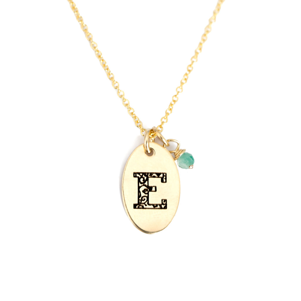 E - Birthstone Love Letters Necklace Gold and Emerald