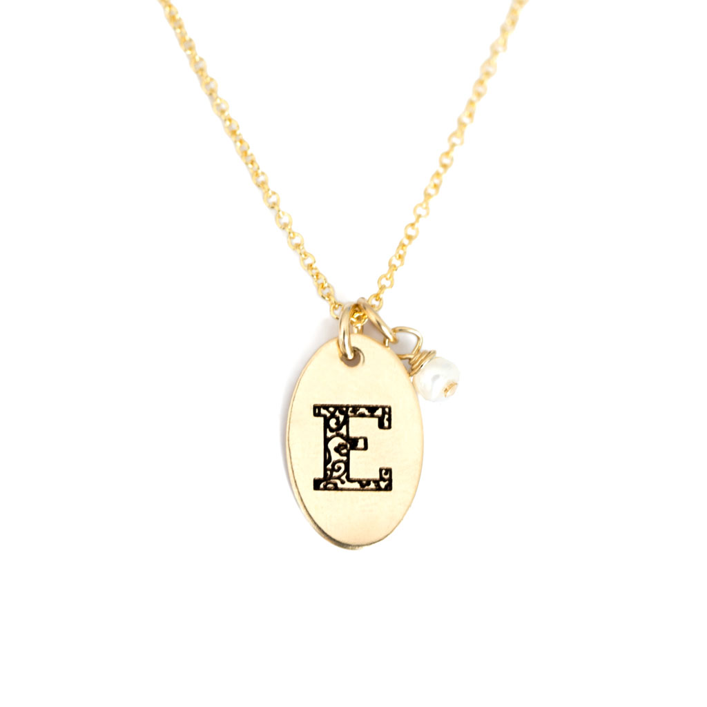 E - Birthstone Love Letters Necklace Gold and Pearl
