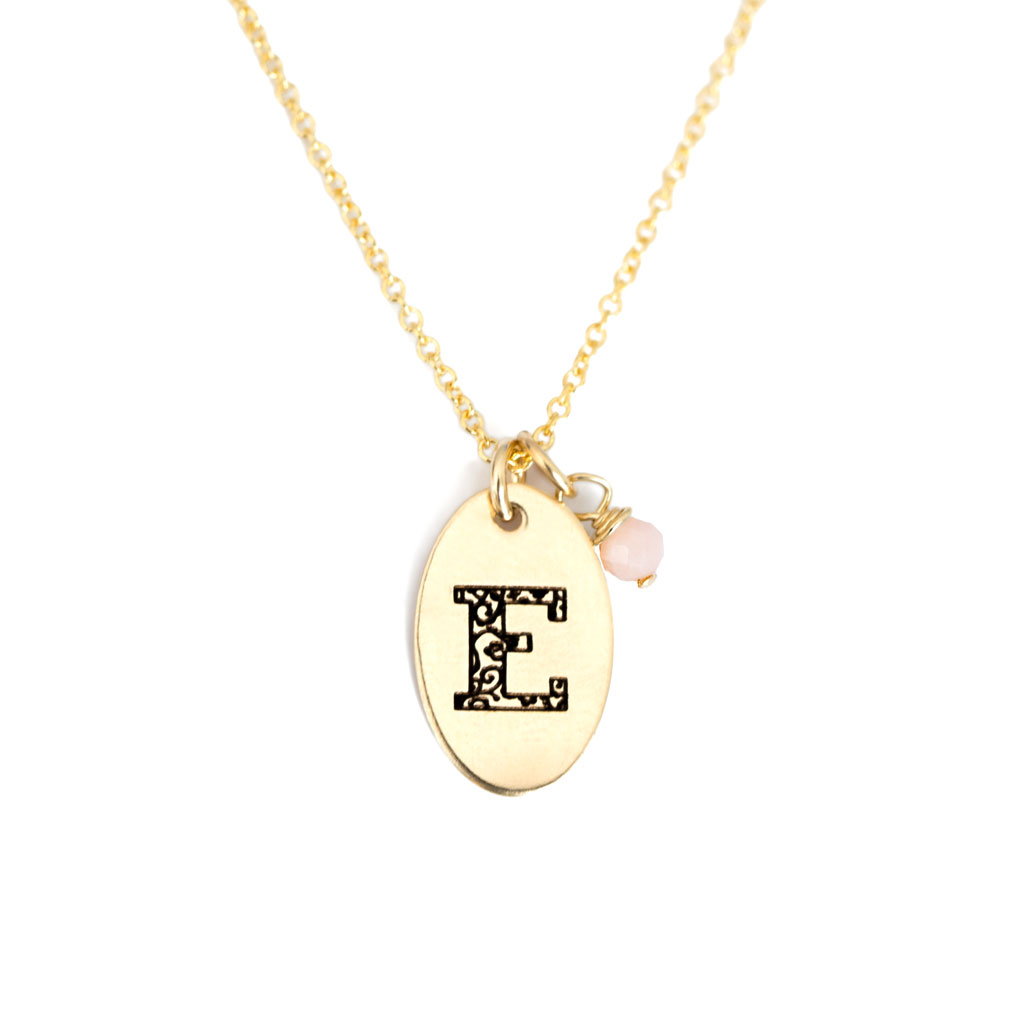 E - Birthstone Love Letters Necklace Gold and Pink Opal