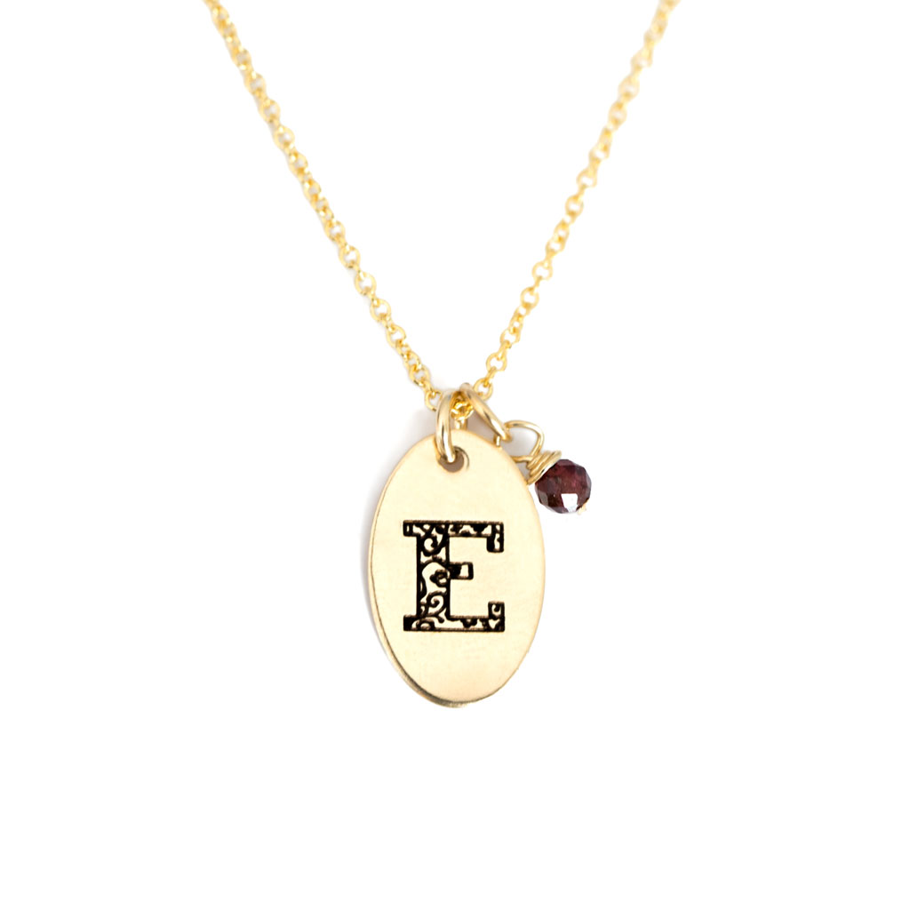 E - Birthstone Love Letters Necklace Gold and Red Garnet