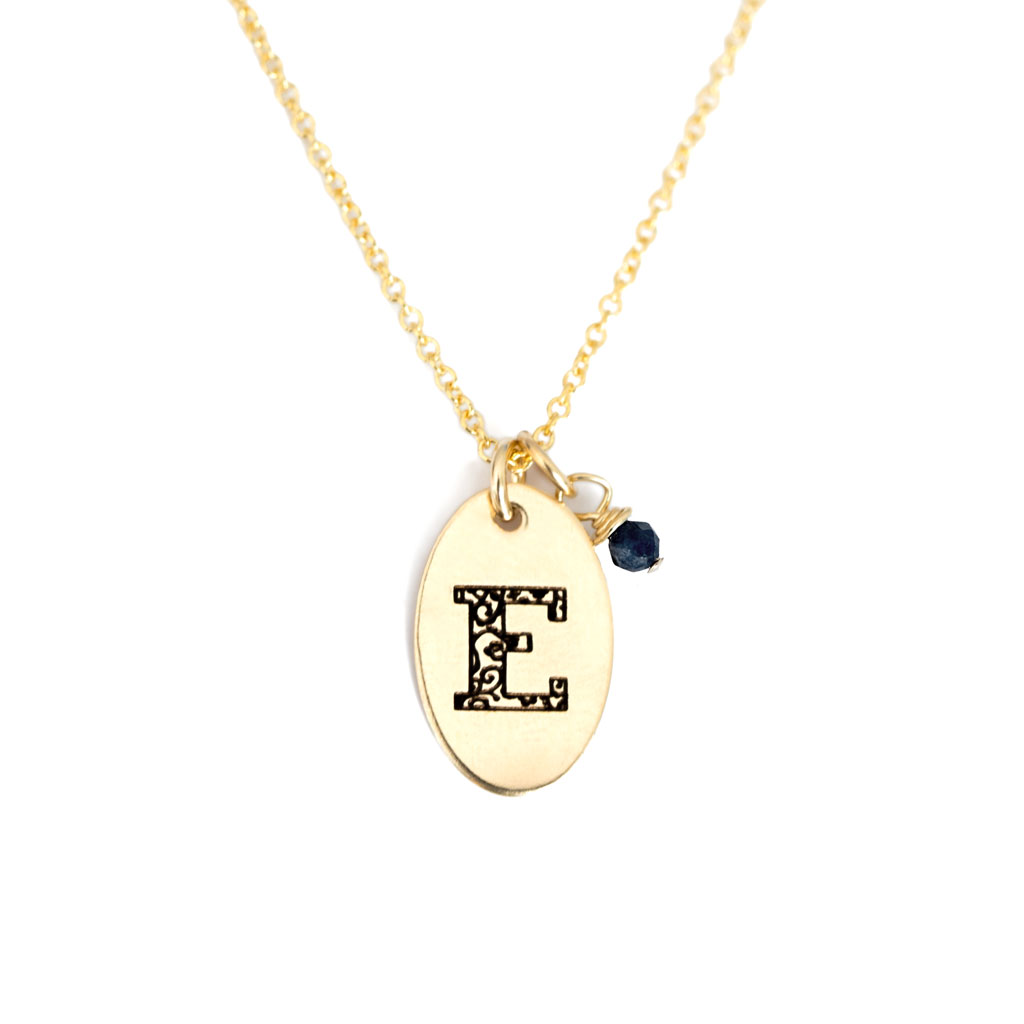 E - Birthstone Love Letters Necklace Gold and Sapphire