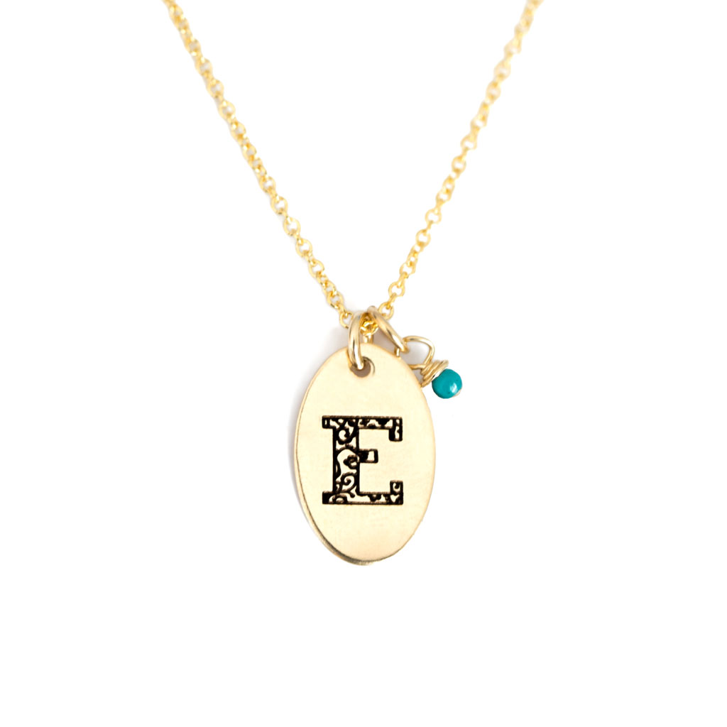 E - Birthstone Love Letters Necklace Gold and Turquoise
