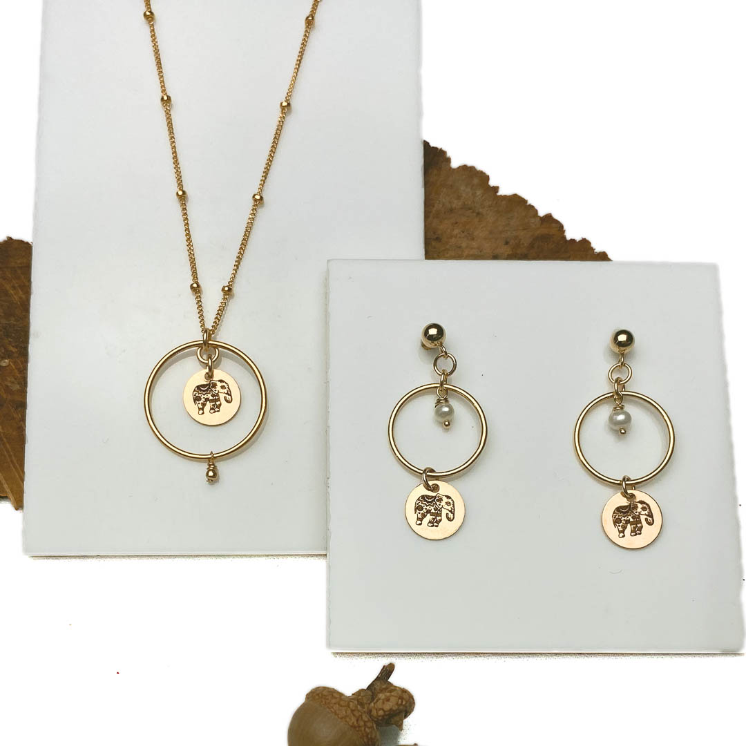 enchanted elephant halo earrings necklace gold
