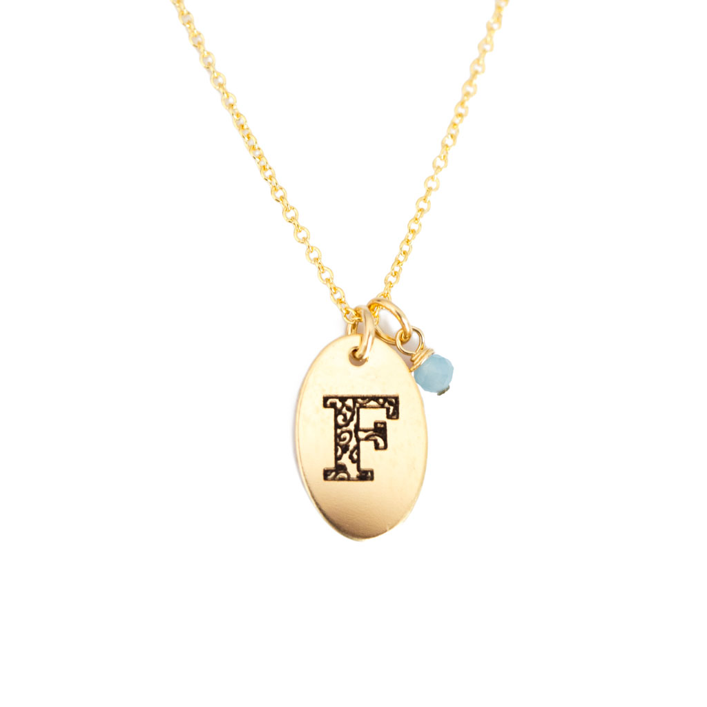 F - Birthstone Love Letters Necklace-Gold-and-Aquamarine