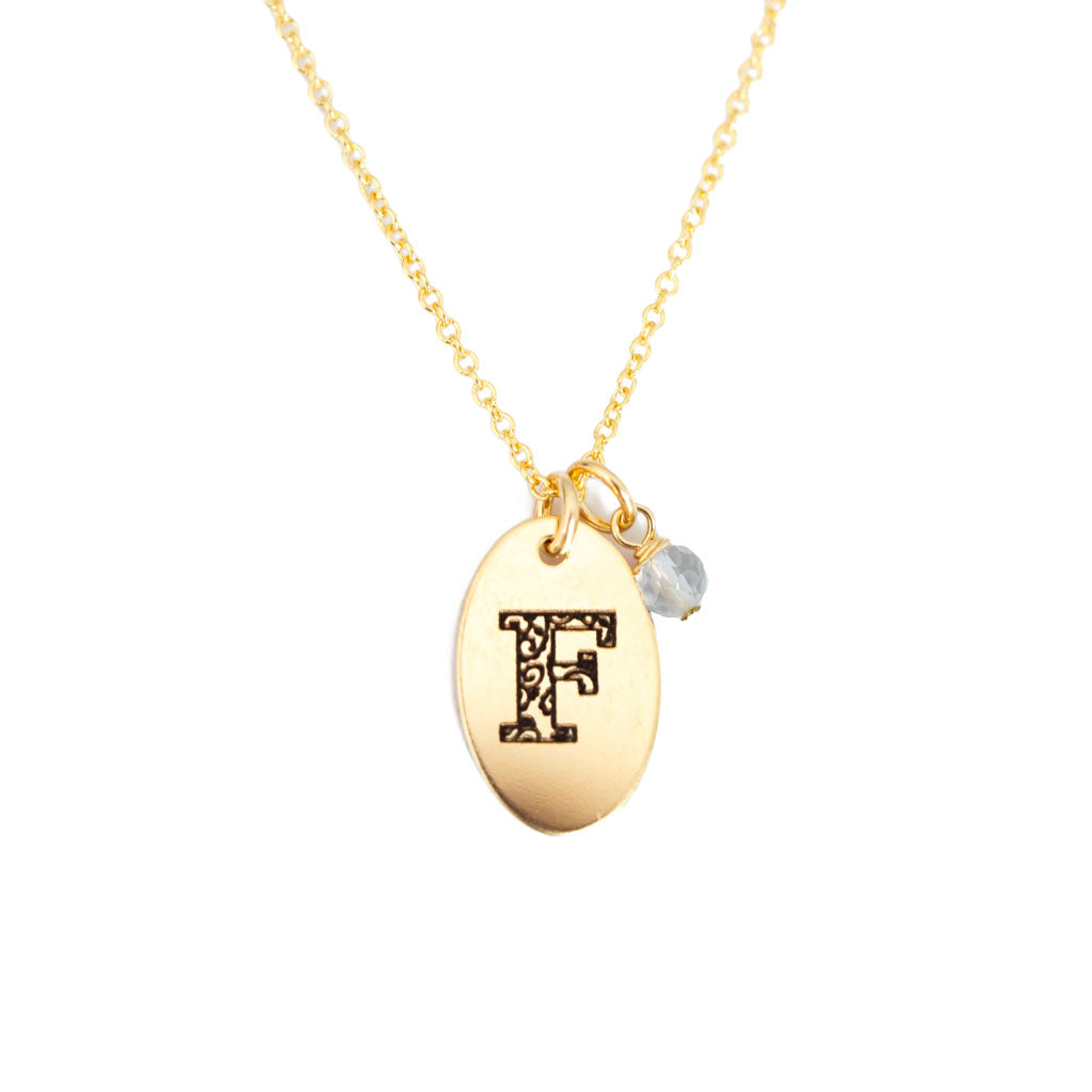 F - Birthstone Love Letters Necklace- Gold and clear quartz