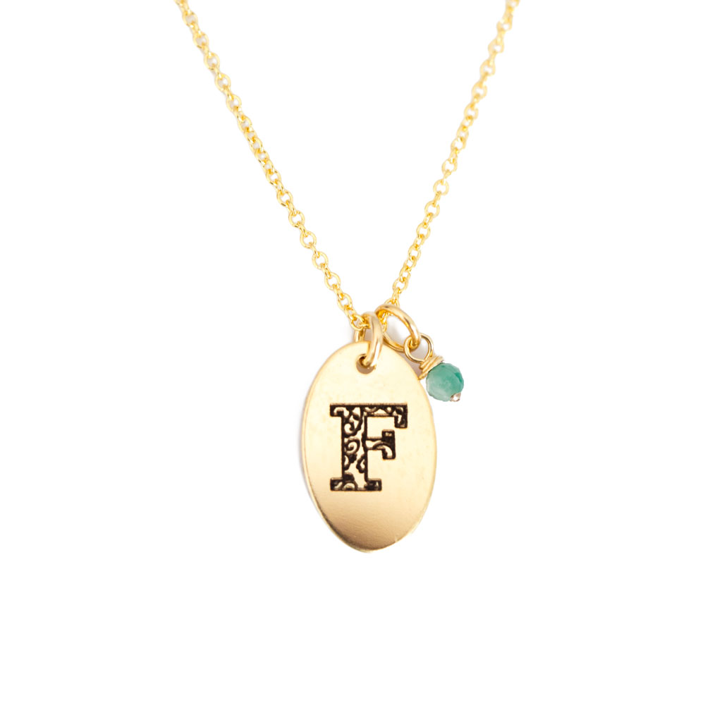 F - Birthstone Love Letters Necklace Gold and Emerald