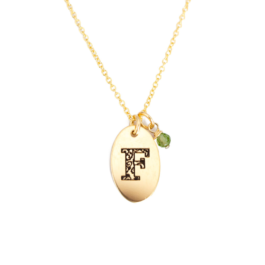 F - Birthstone Love Letters Necklace Gold and Peridot