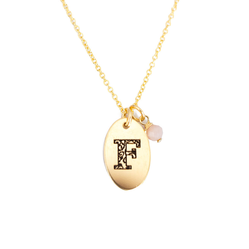 F - Birthstone Love Letters Necklace Gold and Pink Opal