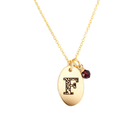 F - Birthstone Love Letters Necklace Gold and Red Garnet