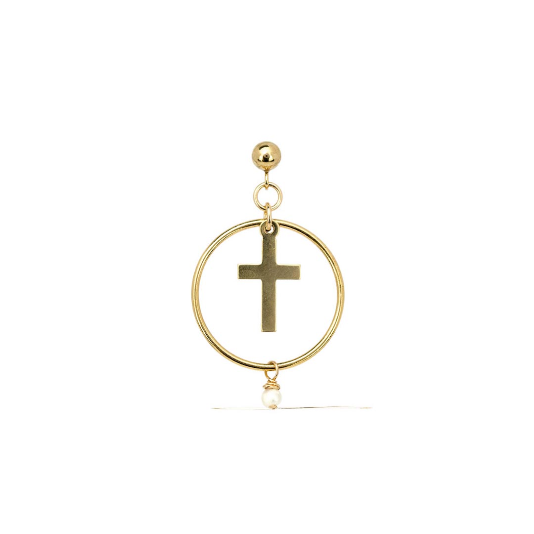 Faith Union Earrings Single Cross only Gold and Pearl
