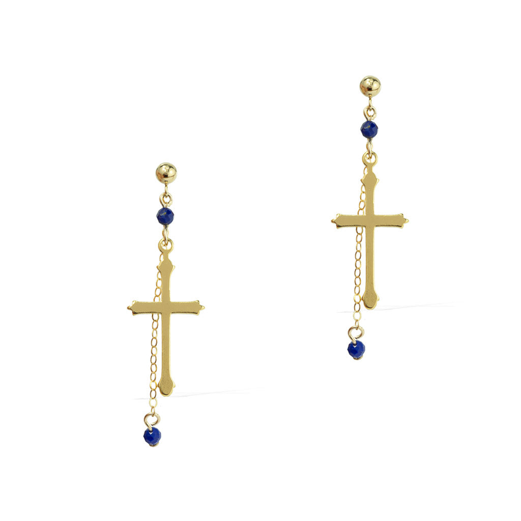 Faith Cross Earrings - Gold and Lapis Lazuli