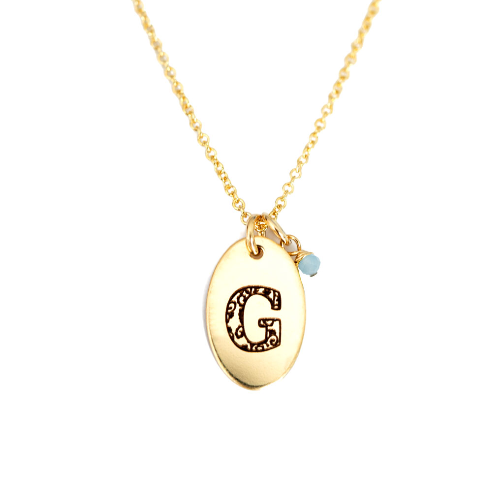 G - Birthstone Love Letters Necklace Gold and Aquamarine