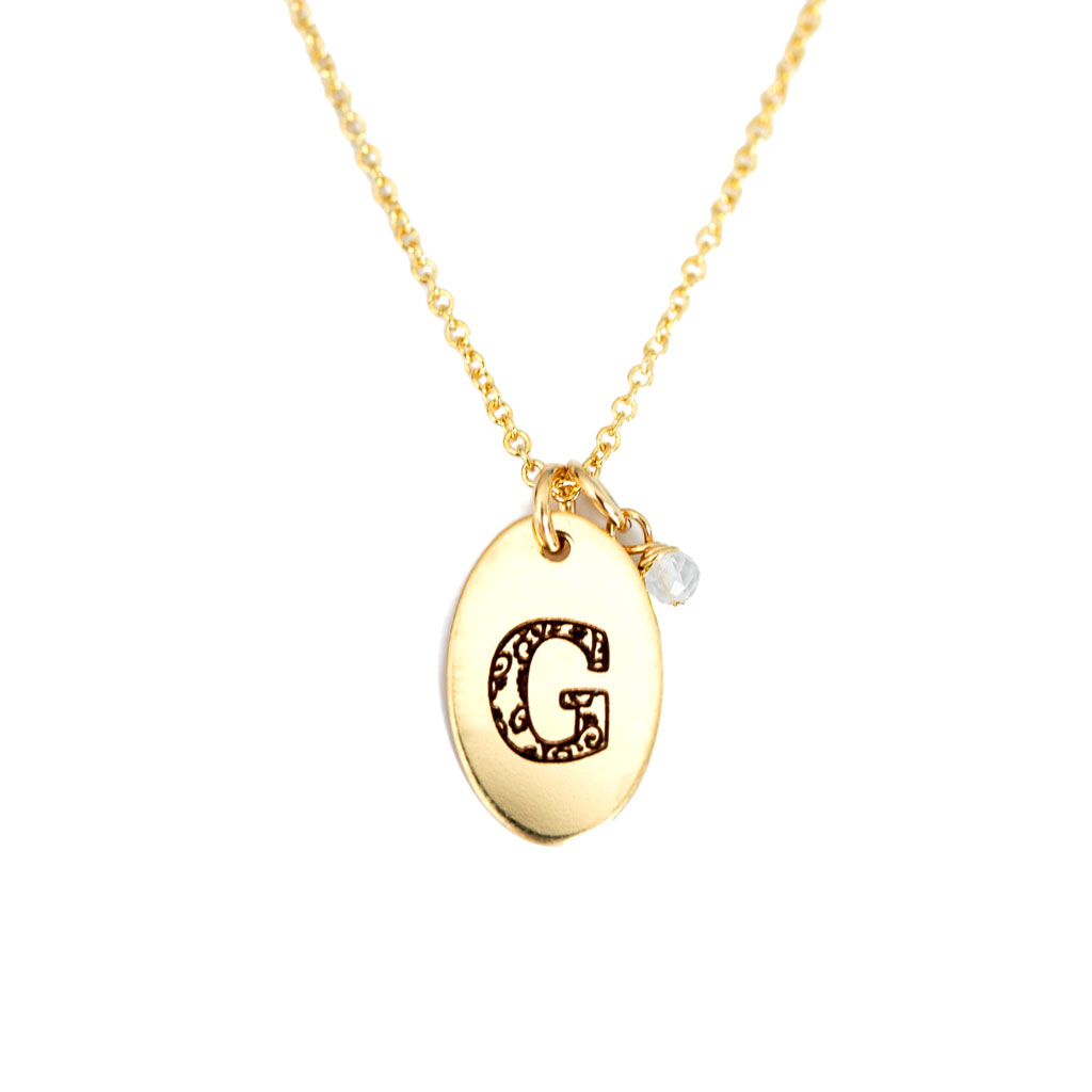 G - Birthstone Love Letters Necklace Gold and Clear Quartz