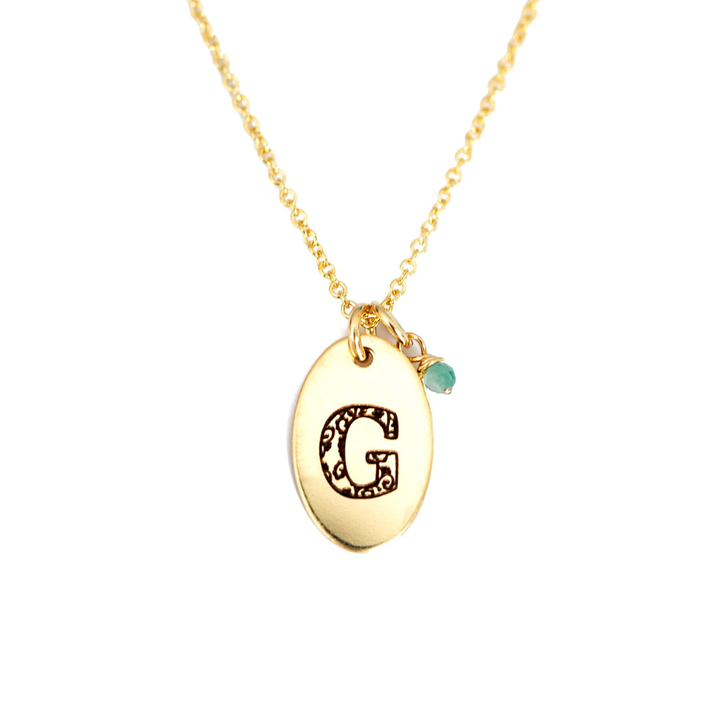 G - Birthstone Love Letters Necklace Gold and Emerald