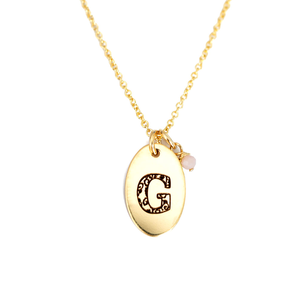 G - Birthstone Love Letters Necklace Gold and Pink Opal